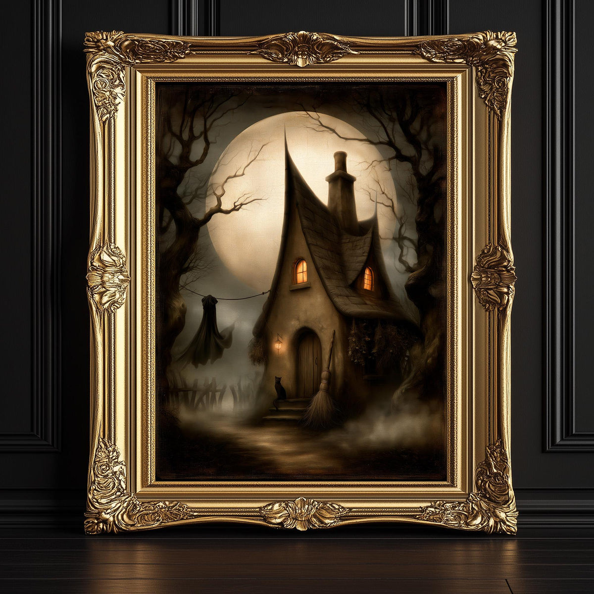 Gothic fairytale house artwork against a misty, moonlit treeline