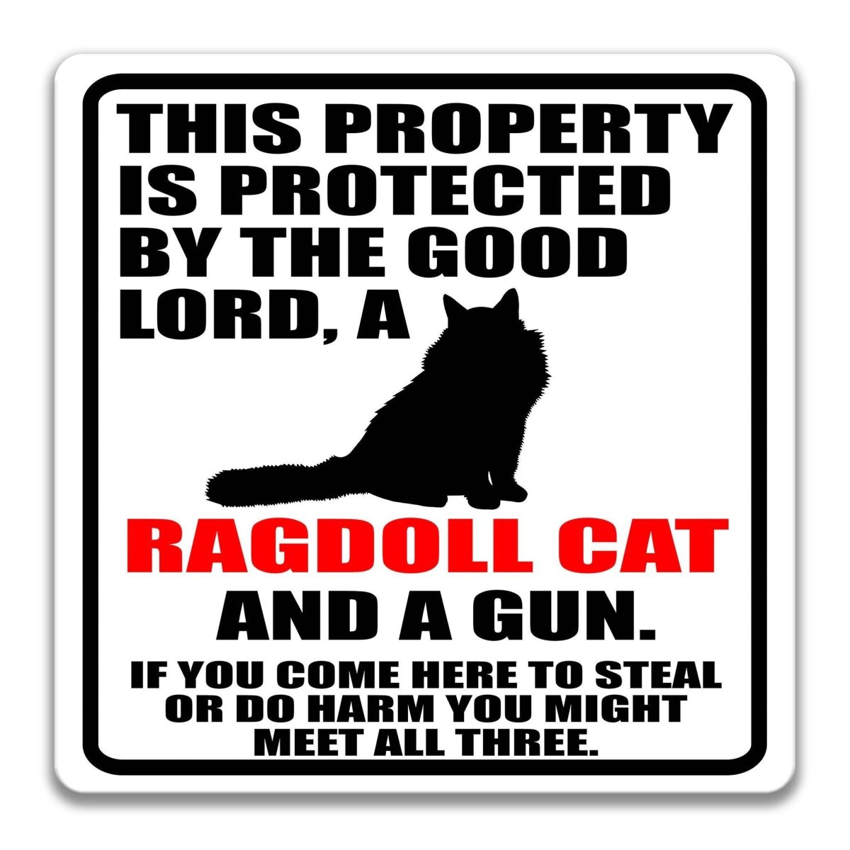 a sign with a black silhouette of a cat and text in bold red and black colors.