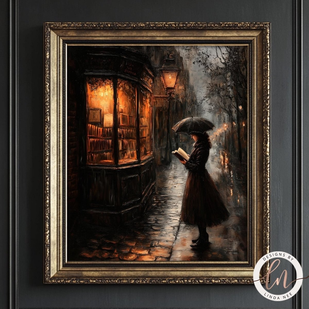 Rainy street reading scene in front of a lit bookshop