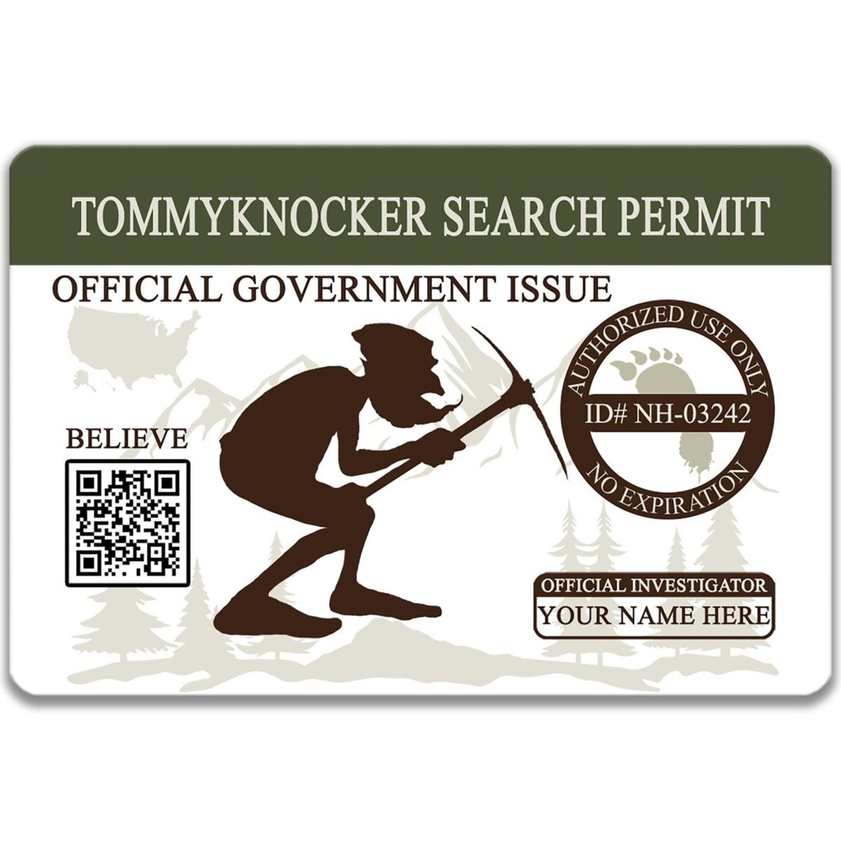 The image is a search permit for a Tommyknocker, an official government investigation, with a QR code and a barcode.