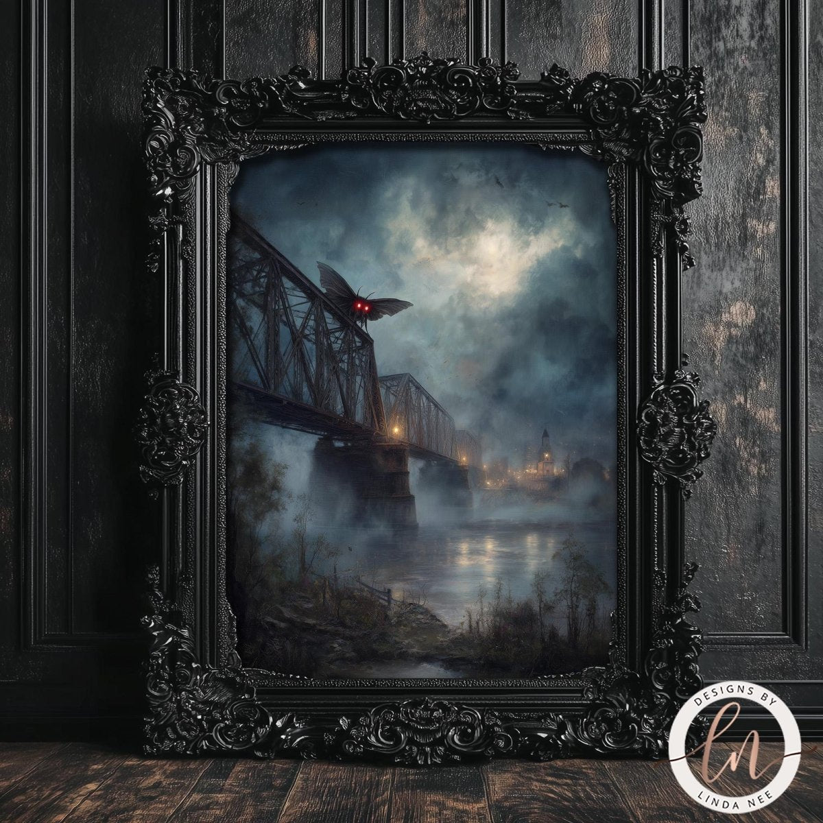 The image is a painting of a bridge with a butterfly flying over it, set against a misty, atmospheric background.