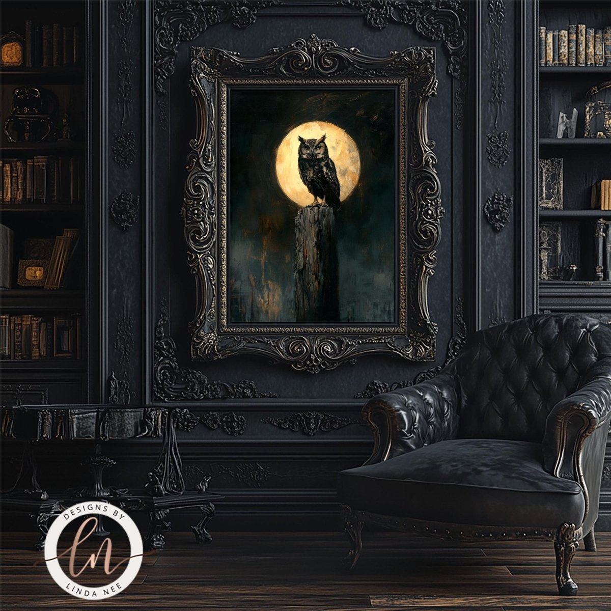 Owl perched under a full moon art print in an ornate frame