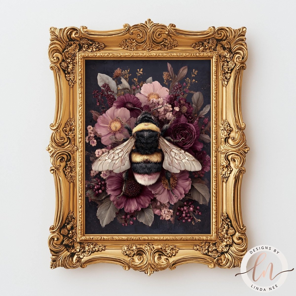 a framed painting of a bee surrounded by a floral arrangement.
