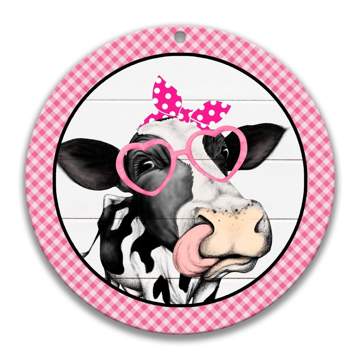 Cute Pink Heifer Sunglasses Wreath round metal sign, pink heifer wearing sunglasses, angled view