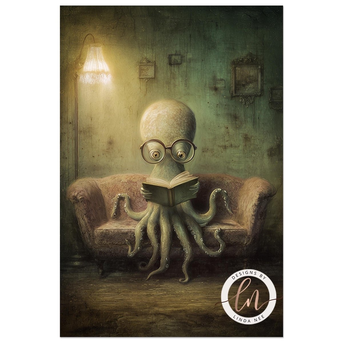 An octopus wearing glasses is sitting on a couch, reading a book in a dimly lit room with a chandelier and a green wall.