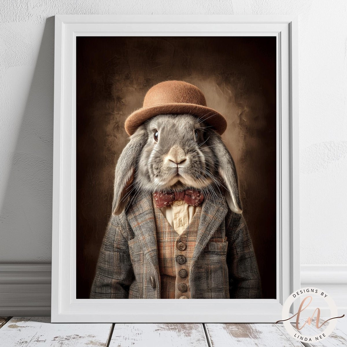 A portrait of a rabbit wearing a hat and a suit, with a serious expression on its face.