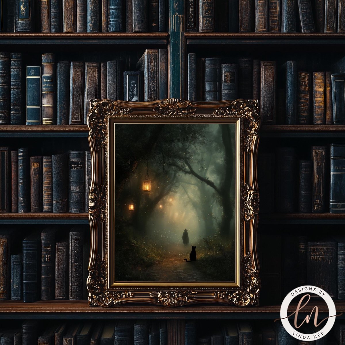 a dark, mysterious forest scene with a lone figure walking through the misty path. The scene is framed in an ornate gold frame, which is placed on a bookshelf filled with books.