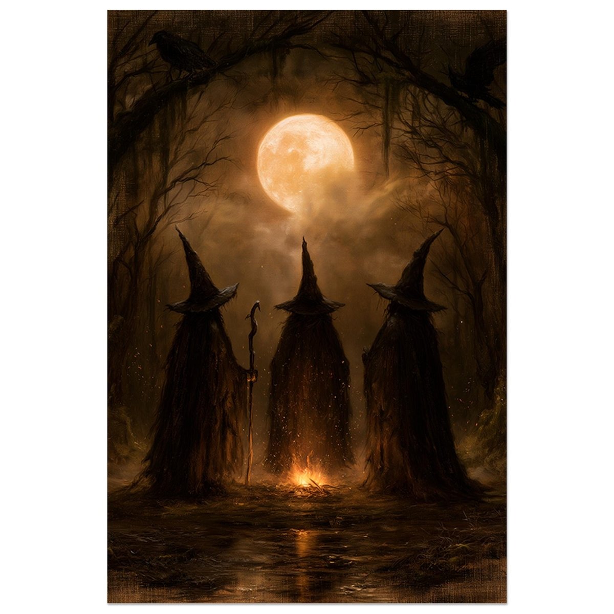 Three cloaked witches in pointed hats gathered in a misty forest under a full moon