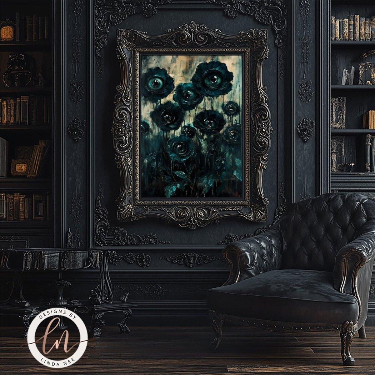 Dark green eyed flowers artwork shown in an elegant dark room