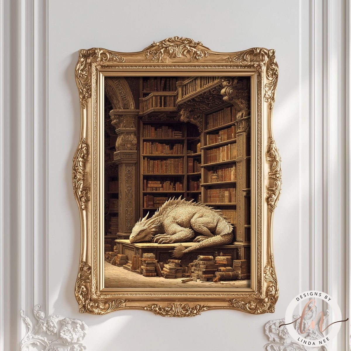 a large, ornate gold frame containing a painting of a dragon resting on a bookshelf.