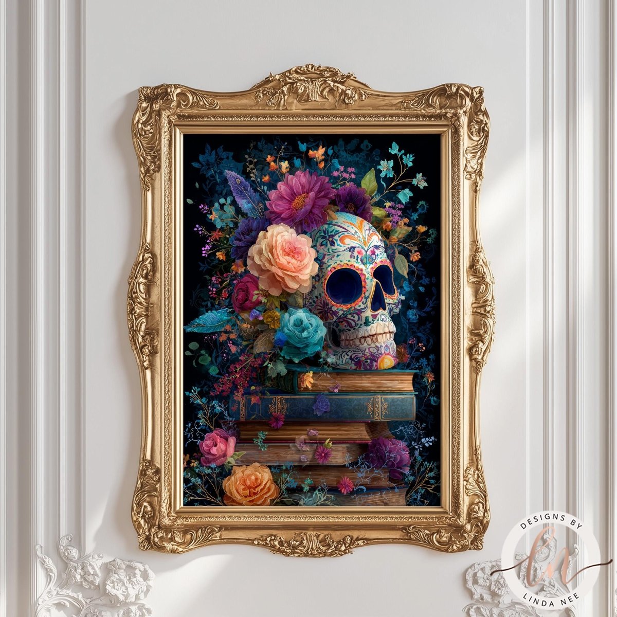 a framed artwork depicting a skull surrounded by a vibrant array of colorful flowers and foliage, with a stack of books beneath it.