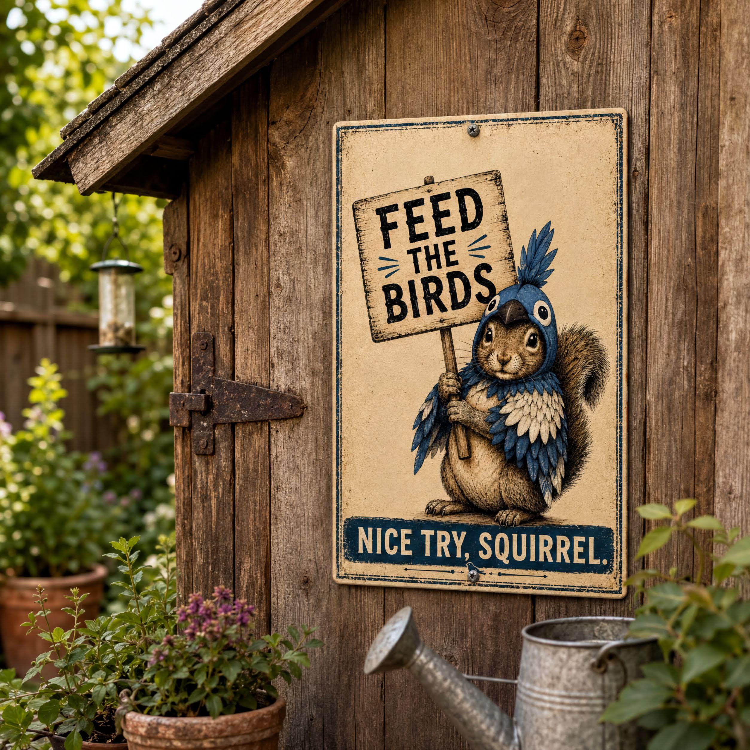a sign with a cartoon squirrel holding a sign that says "Feed the Birds" and "nice try, squirrel." The sign is mounted on a wooden structure, and there are potted plants and a watering can in the background.