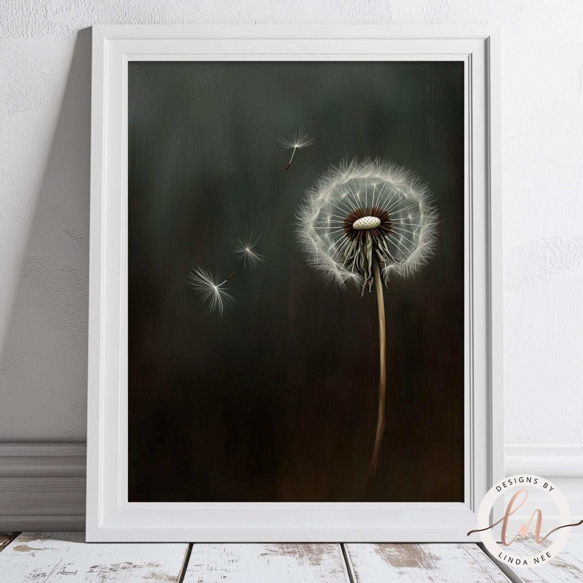 Dandelion seed floating in air print against a dark background