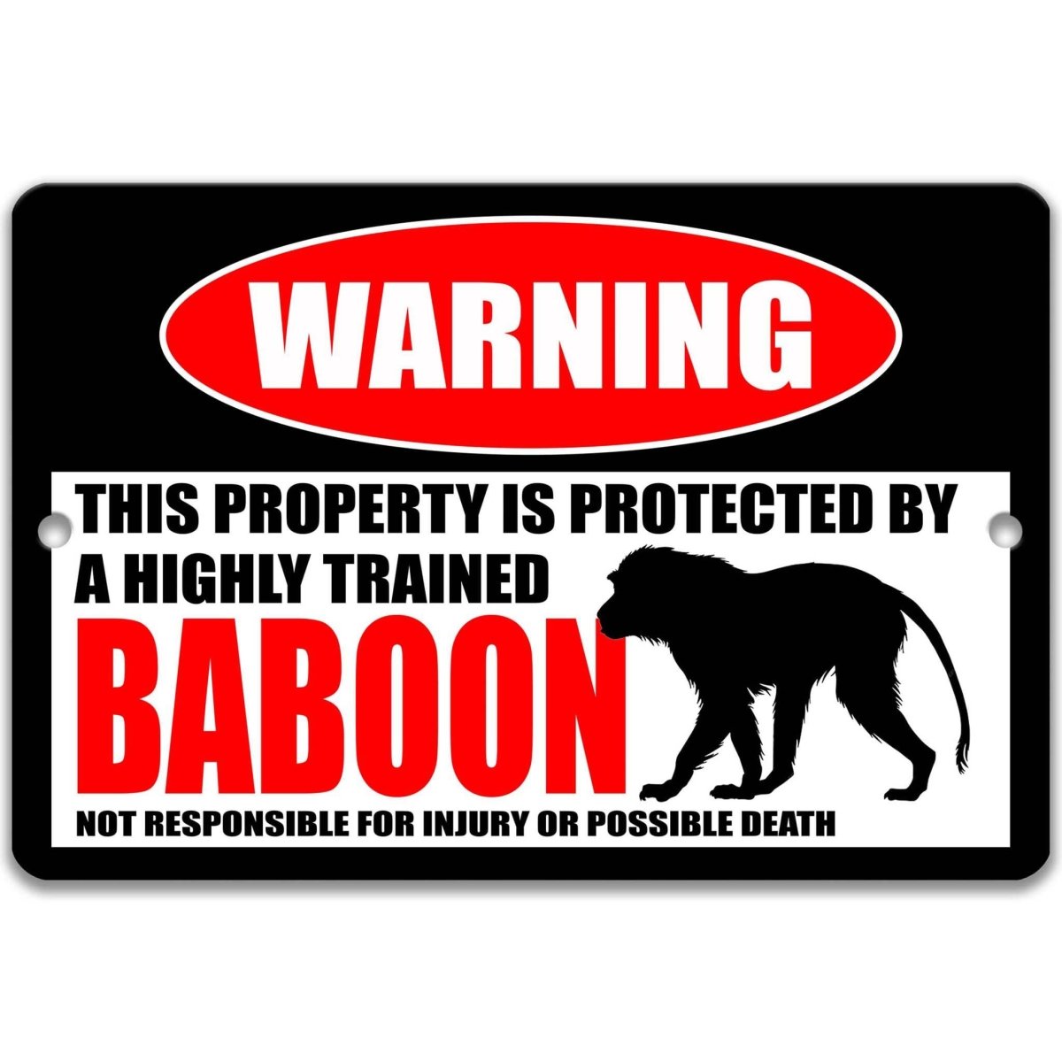 Baboon warning metal sign, glossy black, red WARNING oval and walking baboon silhouette