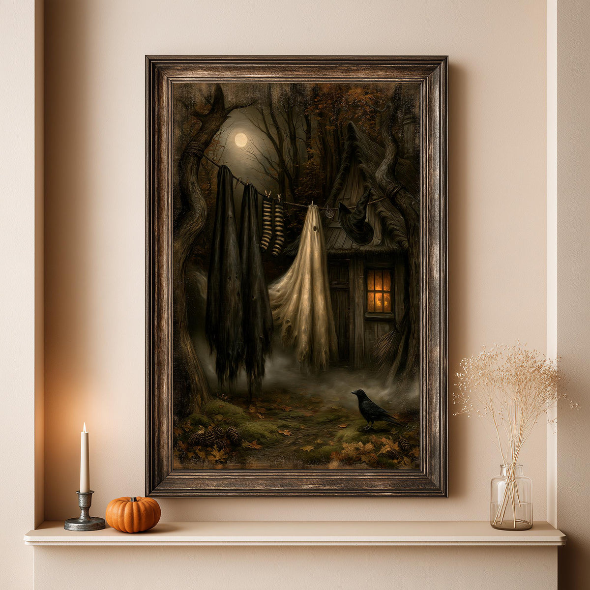 Full artwork view of the crooked cottage, hanging laundry, and the raven in the leaves