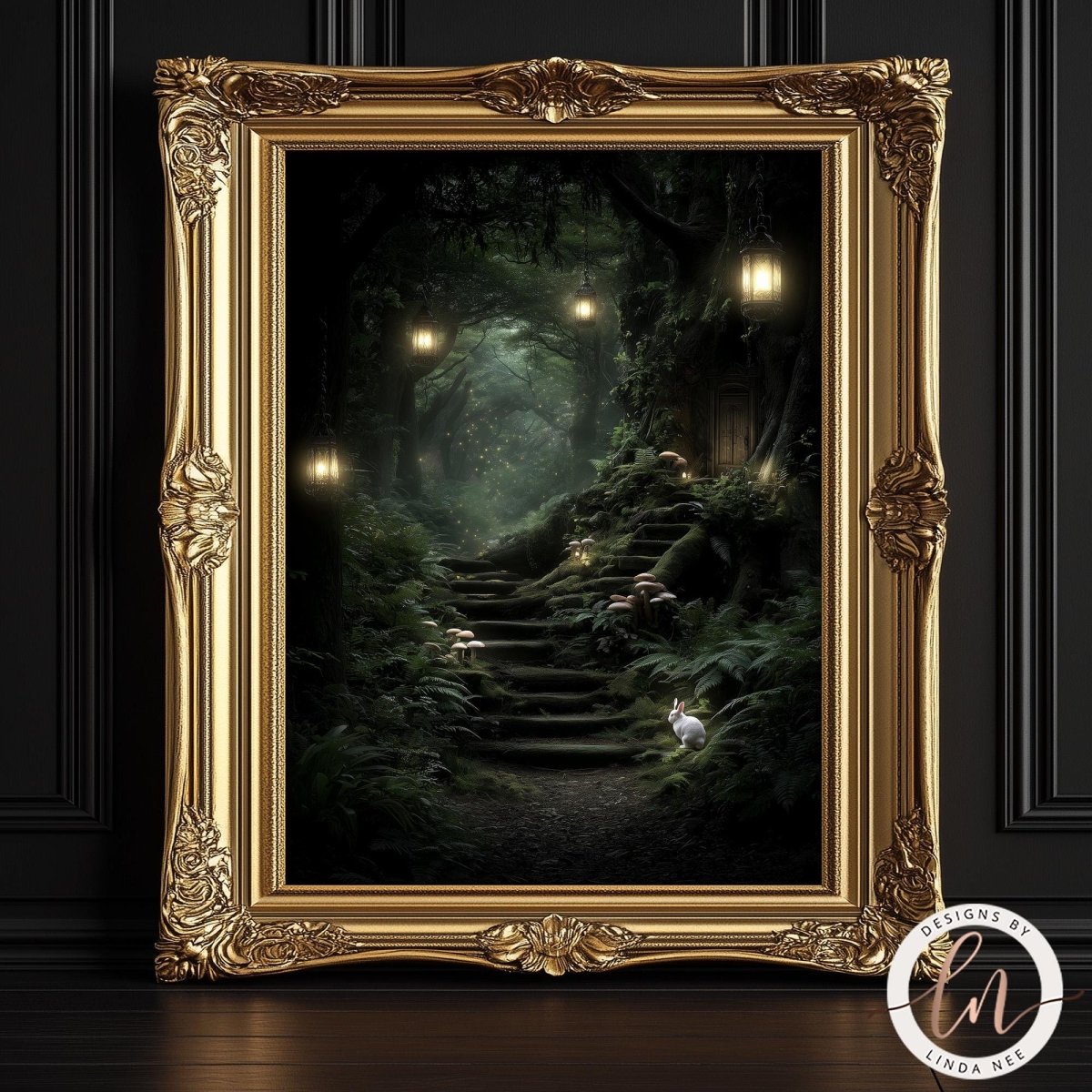 The image is a framed painting depicting a serene forest scene with a winding path leading up to a set of stairs. The painting is framed in an ornate gold frame and is displayed on a dark wall.