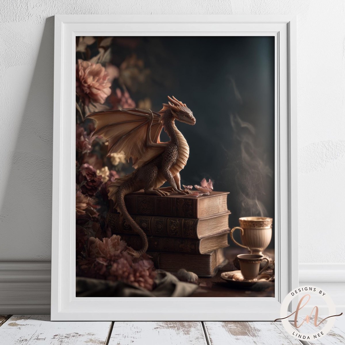 A framed image depicting a dragon figurine perched on a stack of books, surrounded by flowers and a cup of tea.