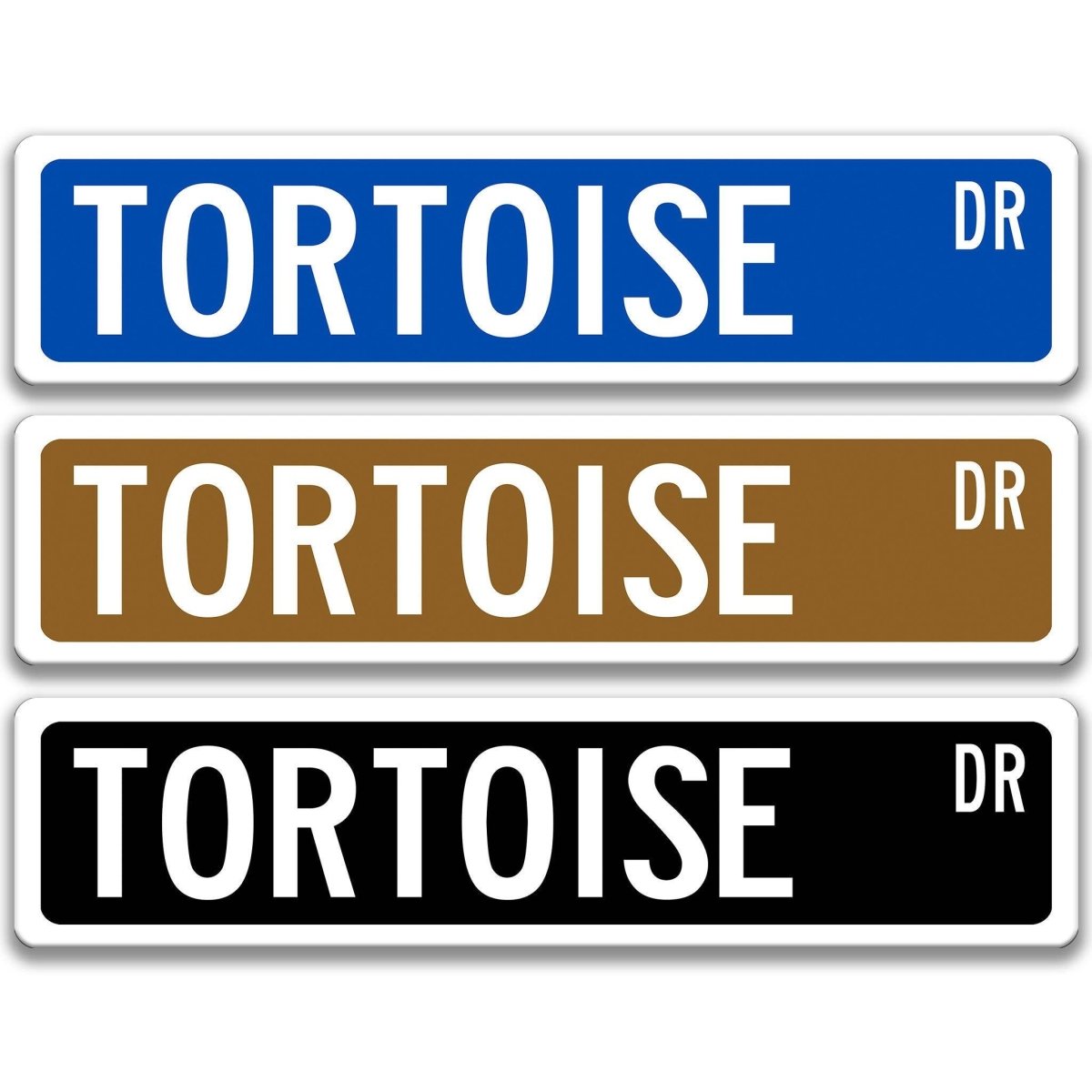 Tortoise Street Name metal sign shown in green, blue, and red background options