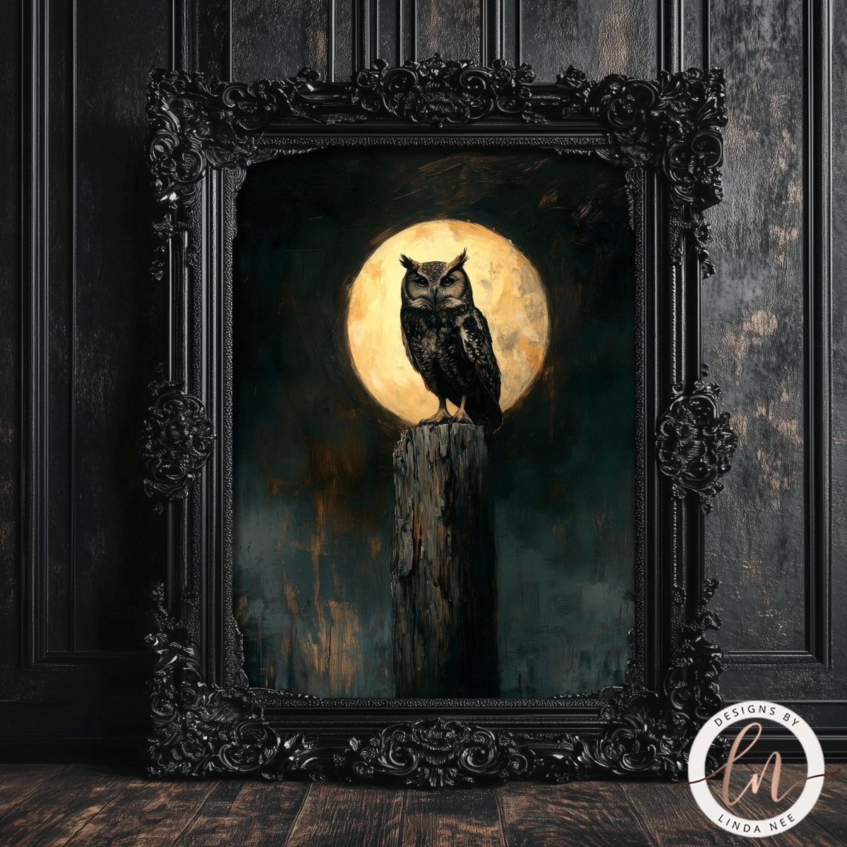 Owl perched under a full moon shown against a dark background