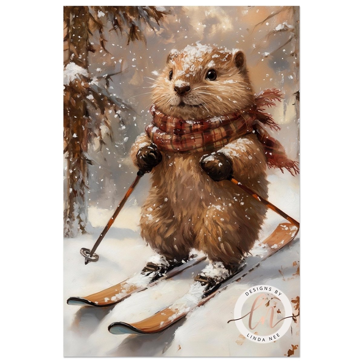 A cartoon-like beaver wearing a red scarf and skis, standing on a snowy surface with trees in the background.