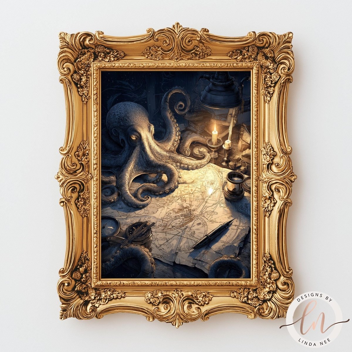 an ornate gold frame surrounding a painting of an octopus with tentacles spread out, resting on a map.