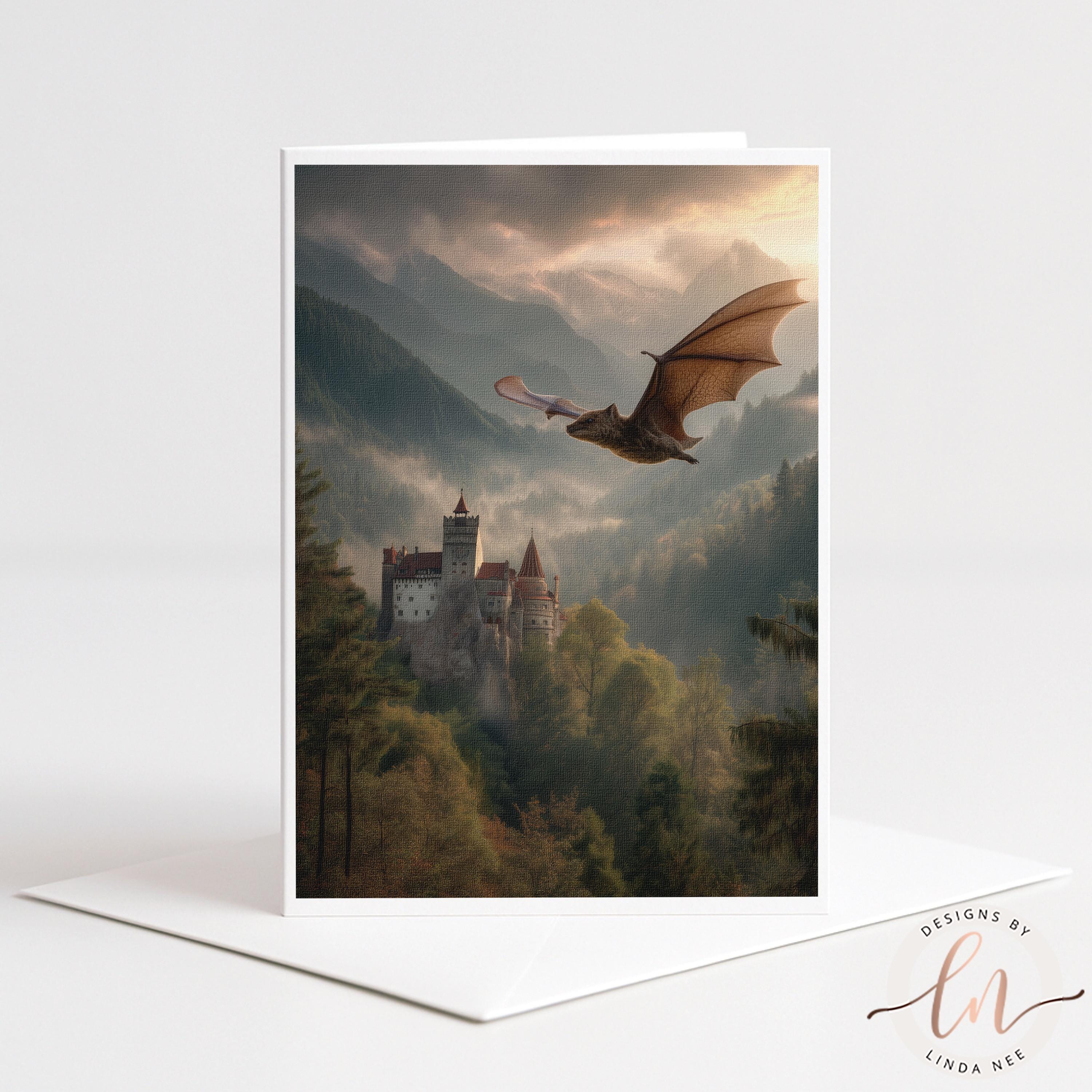 A bat soars over a castle nestled in a lush, forested landscape, with mountains rising in the background under a dramatic sky.