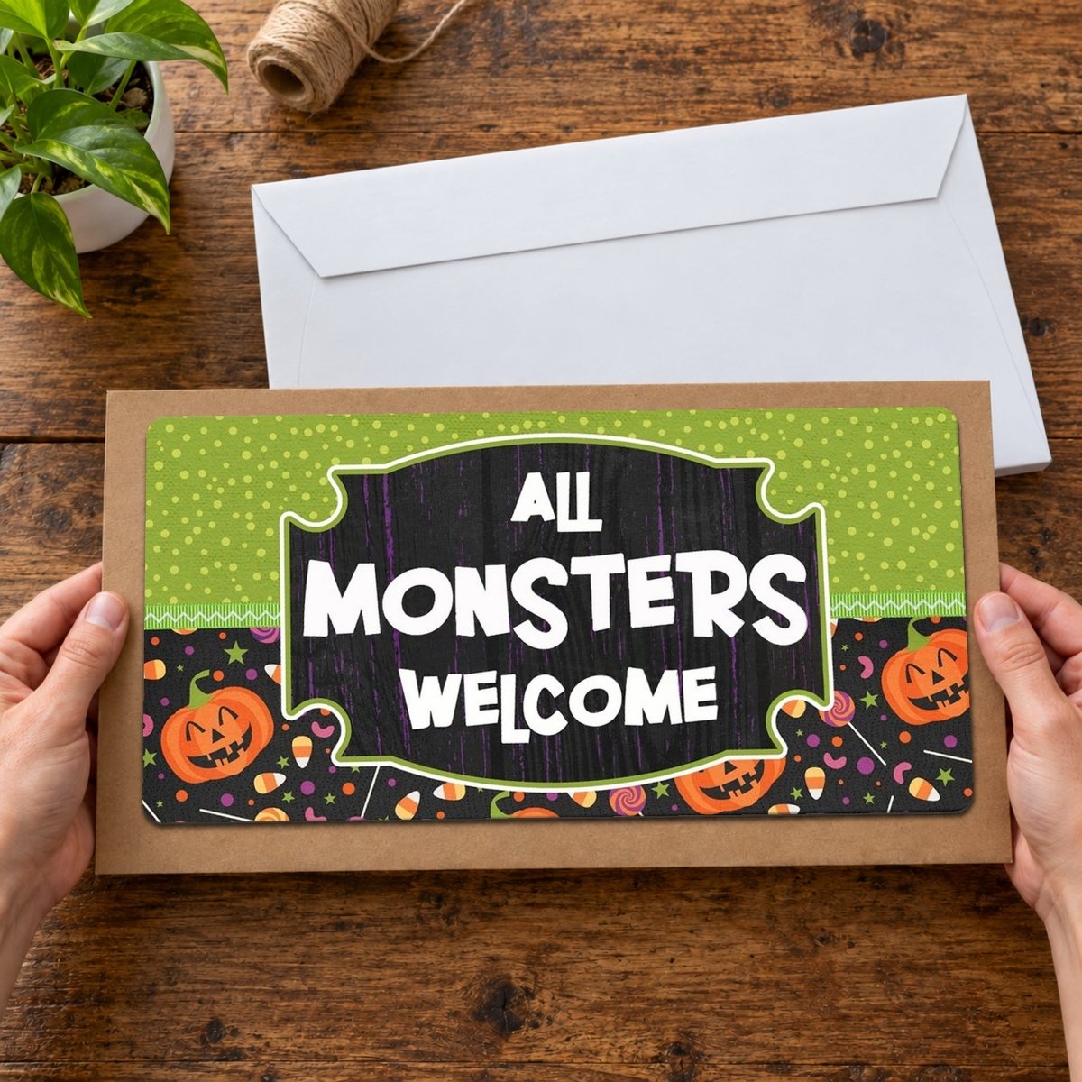Polka Dot All Monsters Welcome sign held in hand to show size