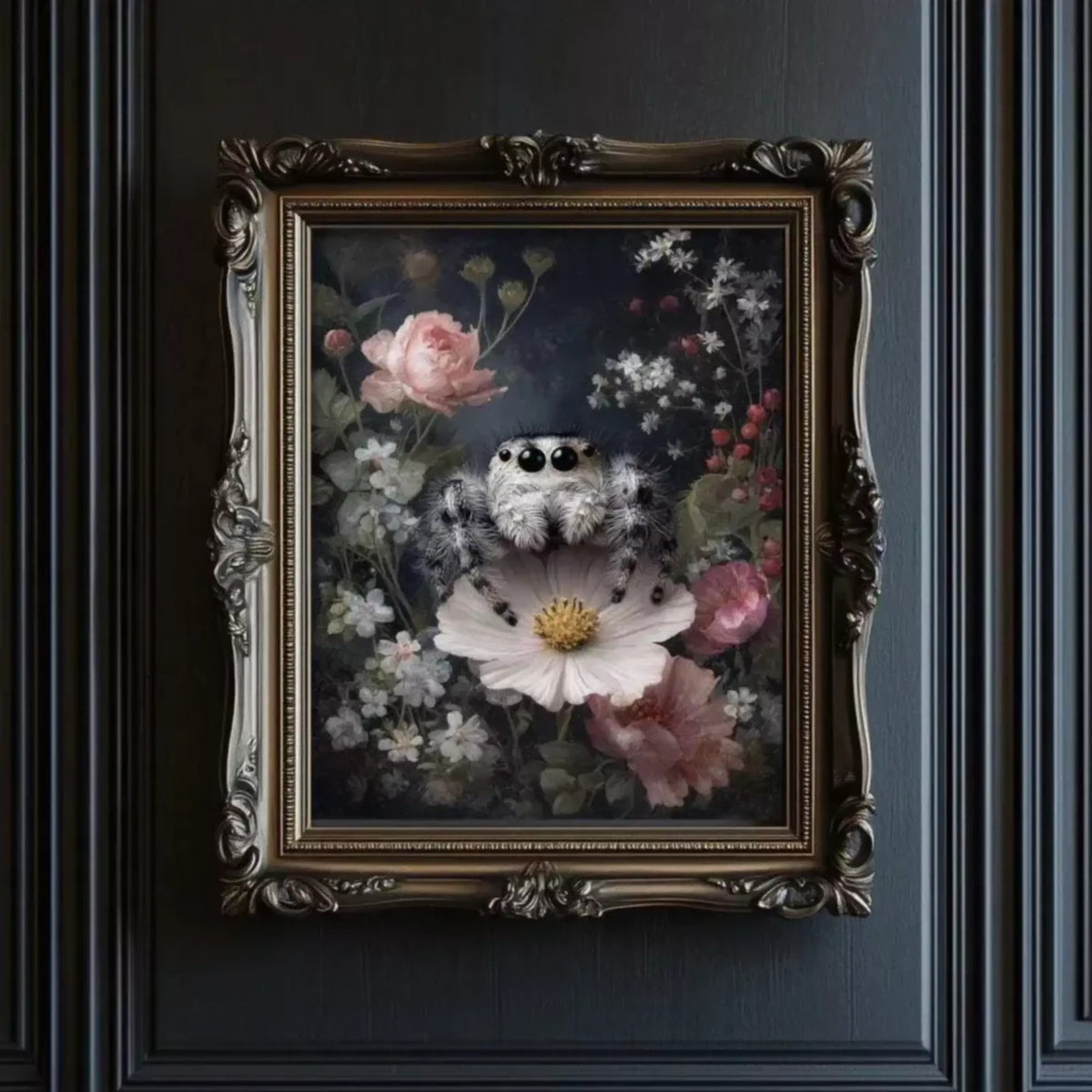 a framed painting of a spider sitting on a flower, surrounded by a variety of colorful flowers and foliage.