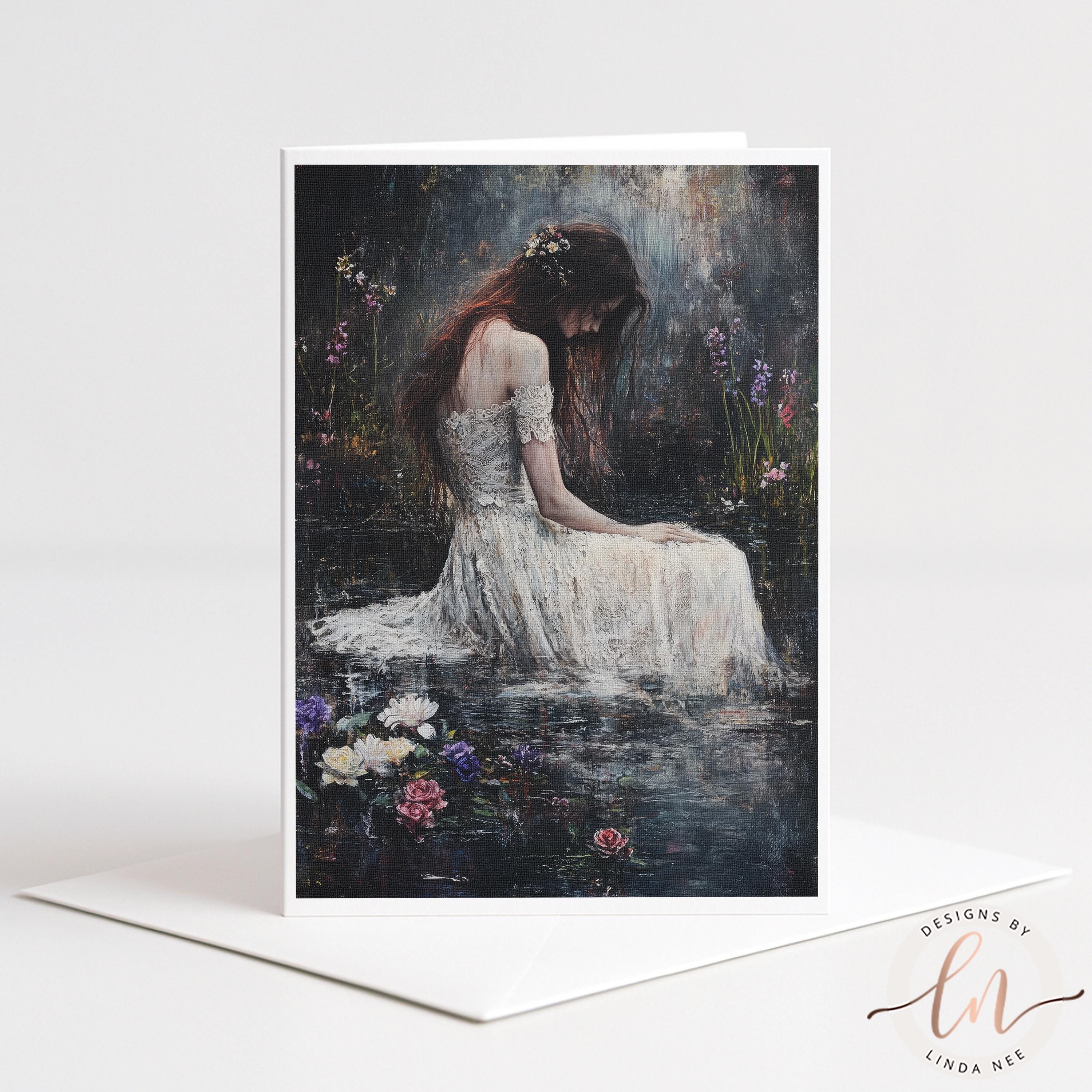 A painting of a woman in a flowing white dress sitting in a pond surrounded by flowers.