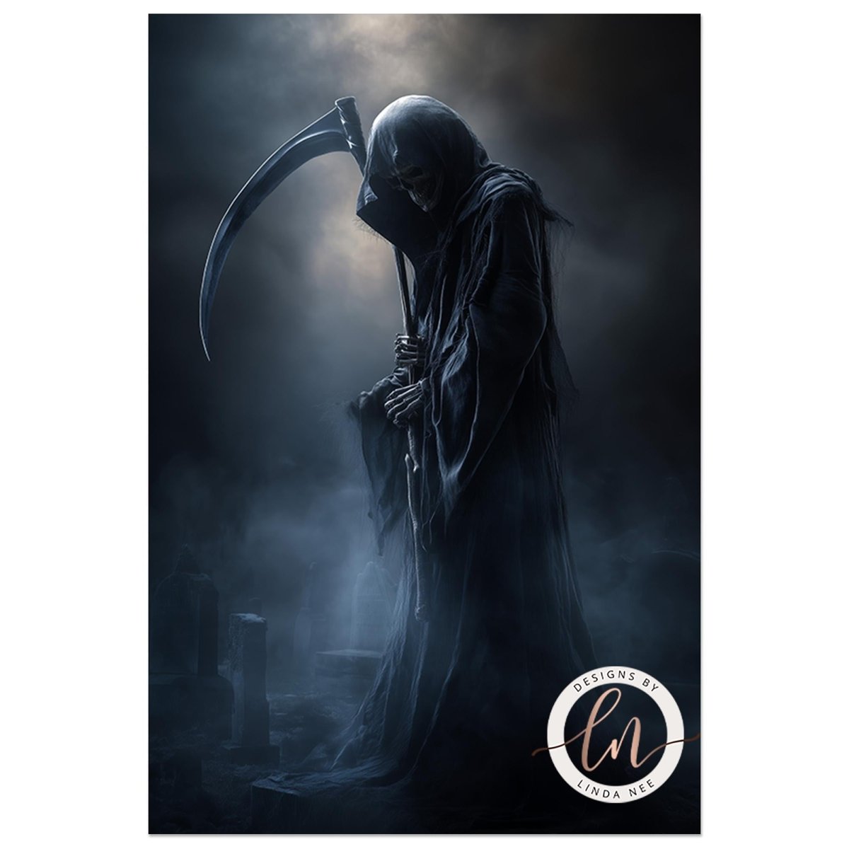 A dark, ominous figure in a long, flowing robe holding a large, ominous scythe stands in a foggy, atmospheric setting.