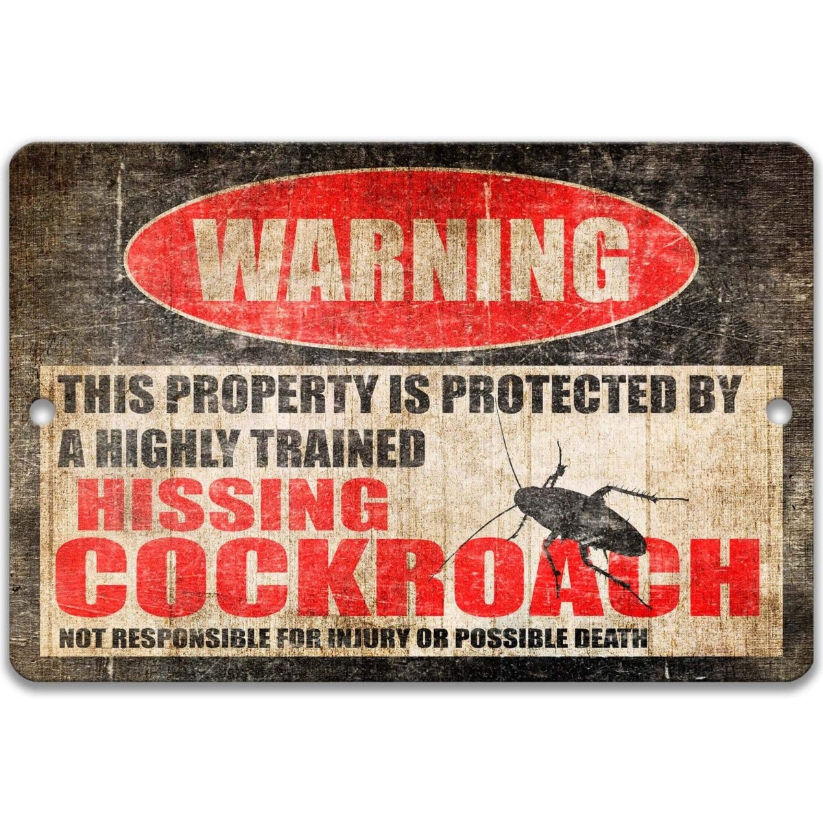 Square hissing cockroach warning metal sign, black background with red WARNING banner and Madagascar hissing cockroach silhouette