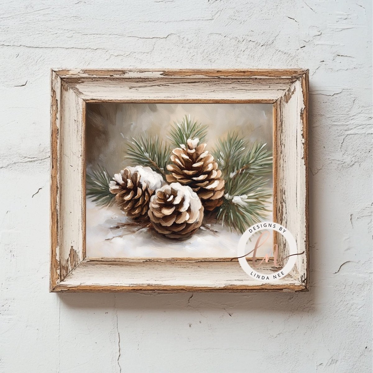 Pine cone and needle artwork displayed on a plain white wall