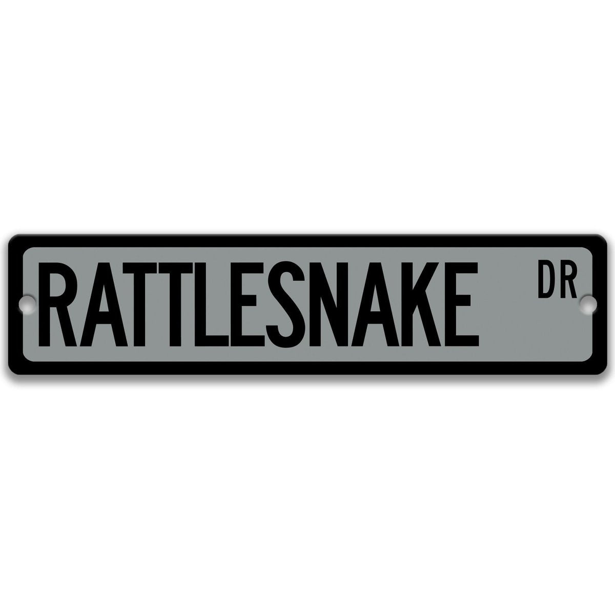 Rattlesnake metal street sign with a gray background reading RATTLESNAKE DR