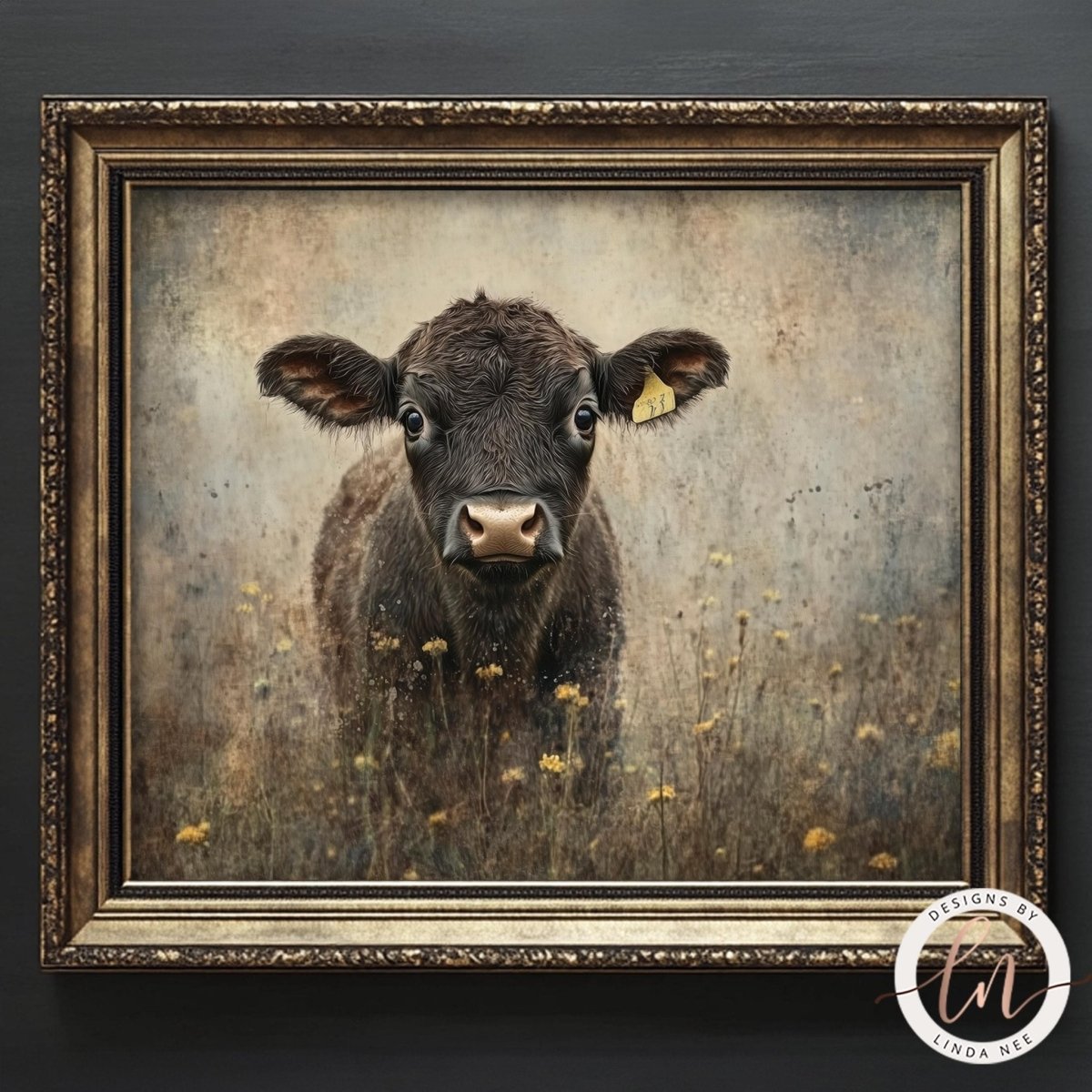 A framed painting depicting a cow standing in a field of flowers.