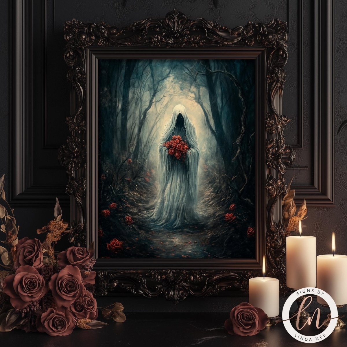 Ghost bride holding red flowers among lit candles in the forest