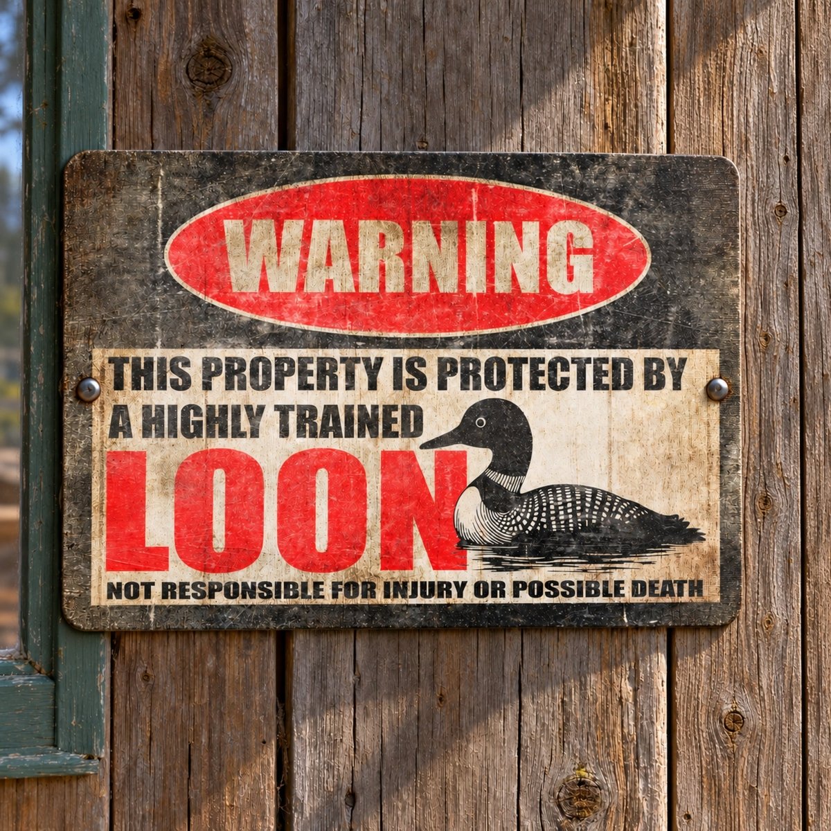 Highly trained loon warning sign in aluminum with a not responsible for injury or possible death line under the loon