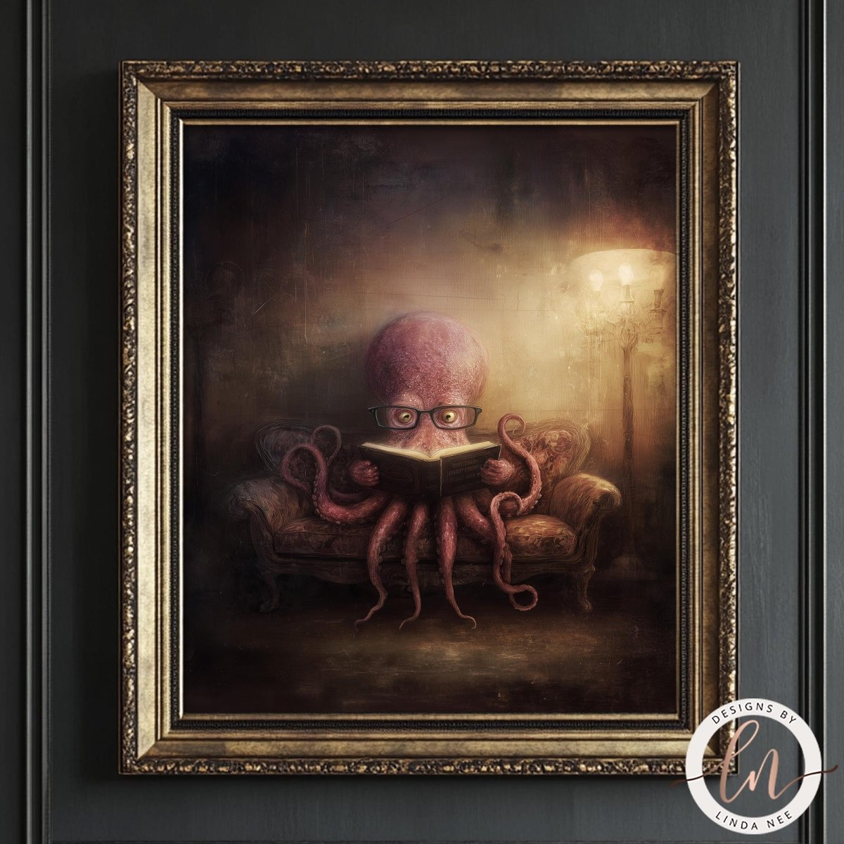 A framed painting depicting an octopus sitting on a couch and reading a book.