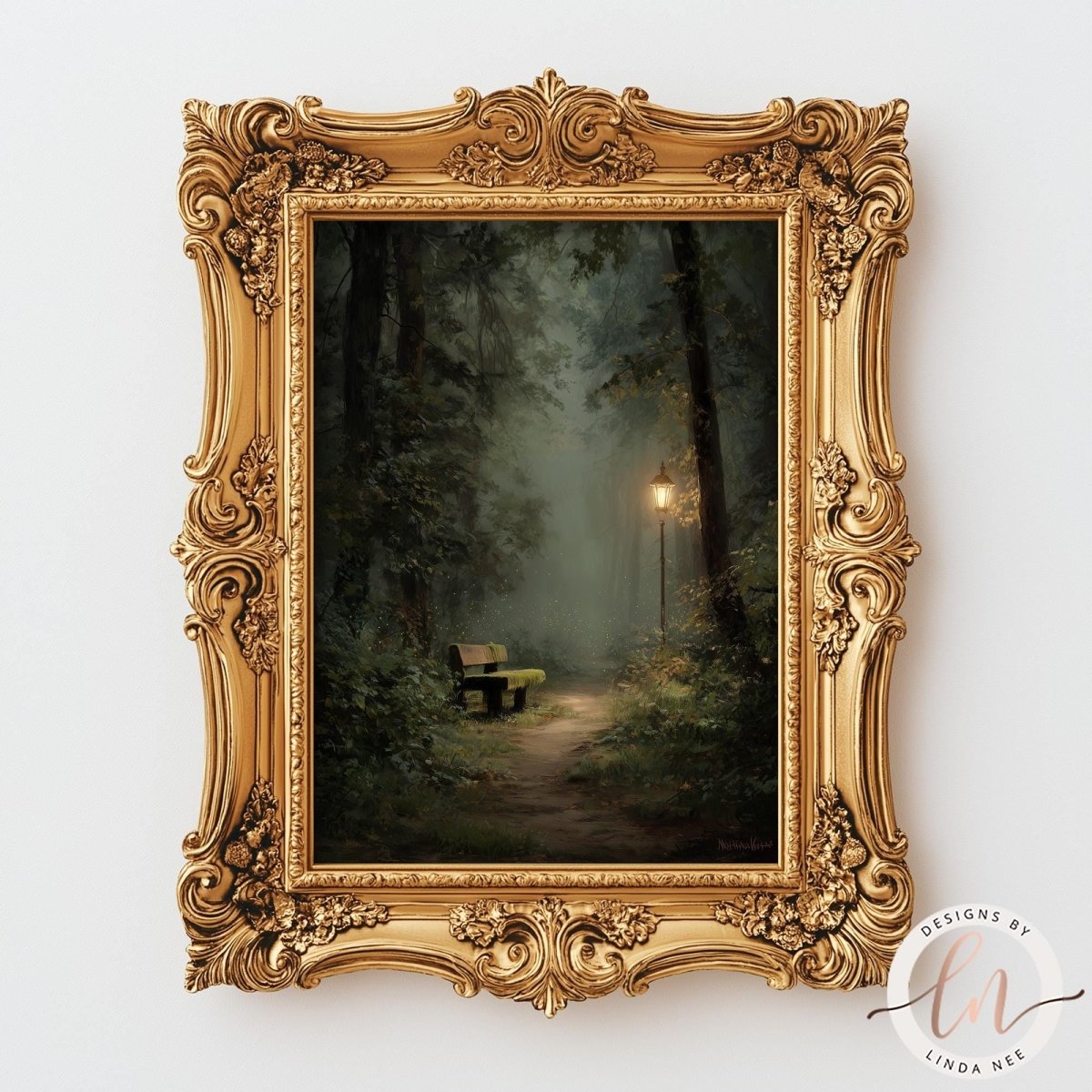 The image is a painting of a bench in a forest, with a path leading to it and a lantern hanging from a tree. The painting is framed in an ornate golden frame and is displayed on a white wall.