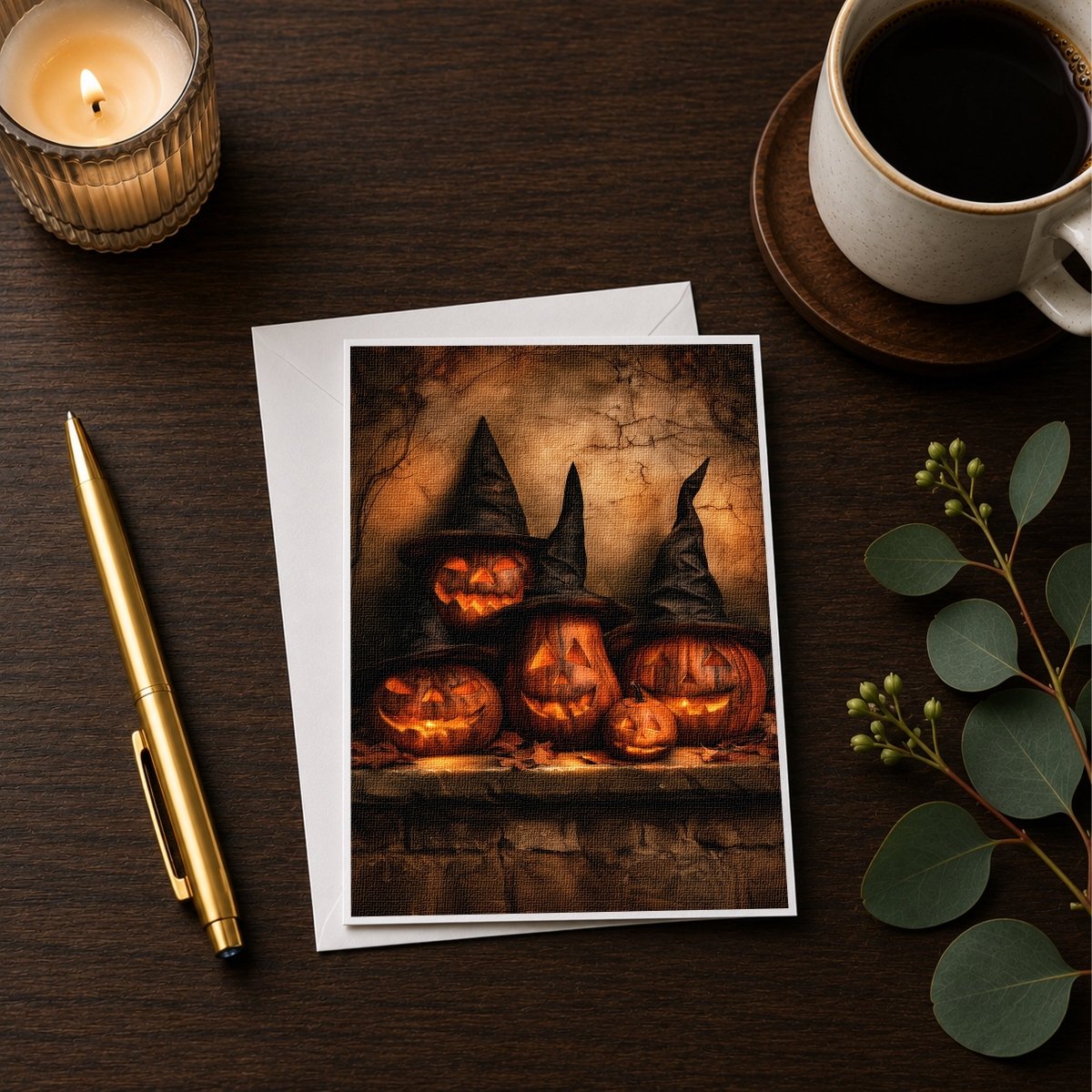 Pumpkins in witch hats Halloween note card styled with a candle, pen, and coffee cup on a wooden desk