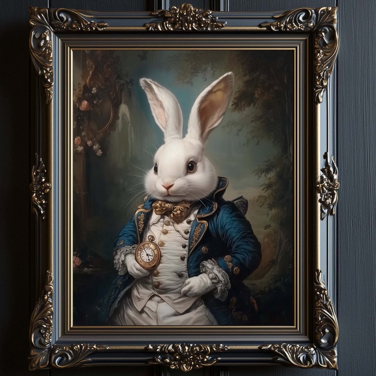 White rabbit in a blue coat holding out a gold pocket watch