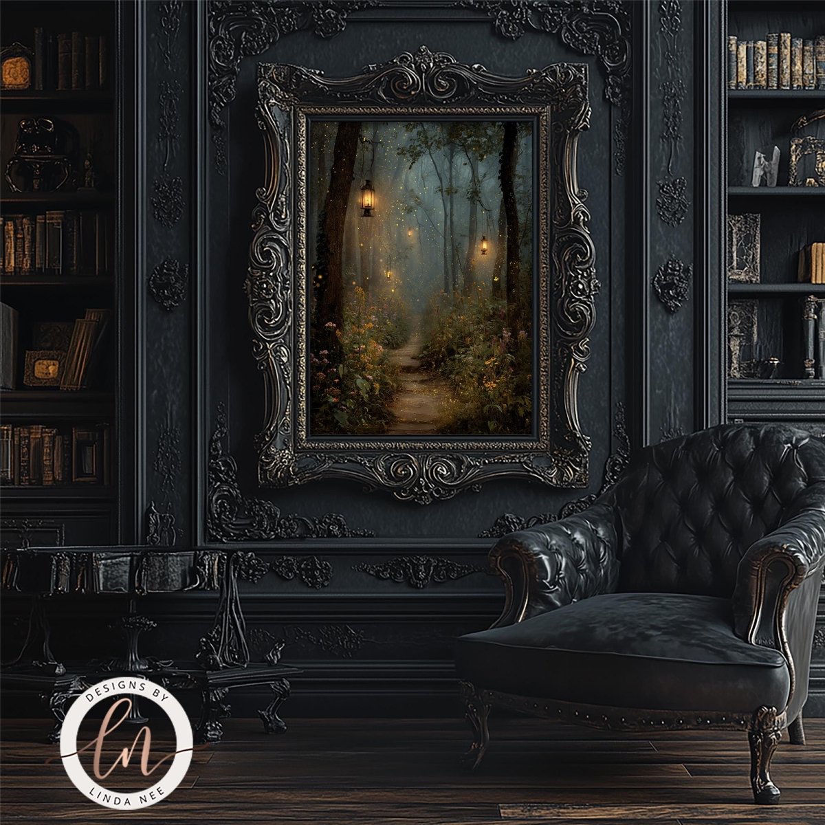 a cozy and elegant living room with a large, ornate picture frame hanging on the wall, depicting a serene forest scene with a path leading through the trees. The room is furnished with a black leather armchair and a bookshelf filled with books, creating a warm and inviting atmosphere.