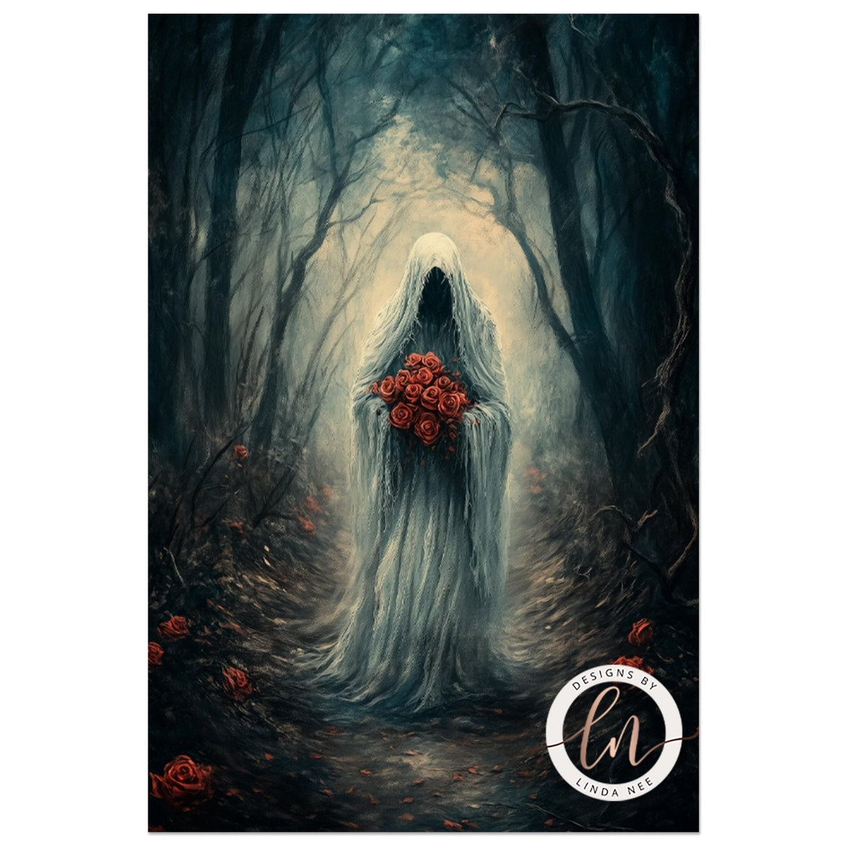 A ghostly figure holding a bouquet of red roses stands in a dark, misty forest, surrounded by fallen leaves and branches.