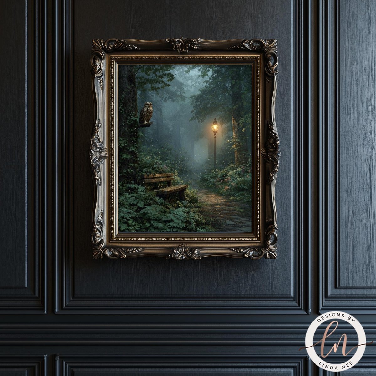 A painting of a forest path with a light source at the end, surrounded by lush greenery and a bird perched on a branch.