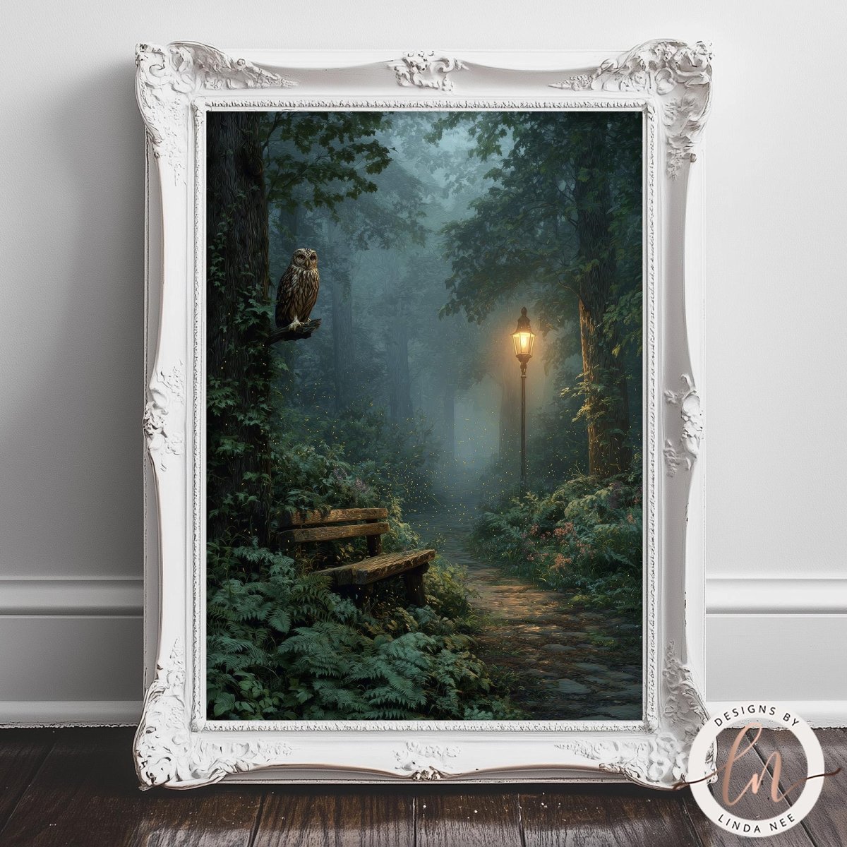 A painting of a serene forest path with a bench and an owl perched on a tree branch, illuminated by a lantern.