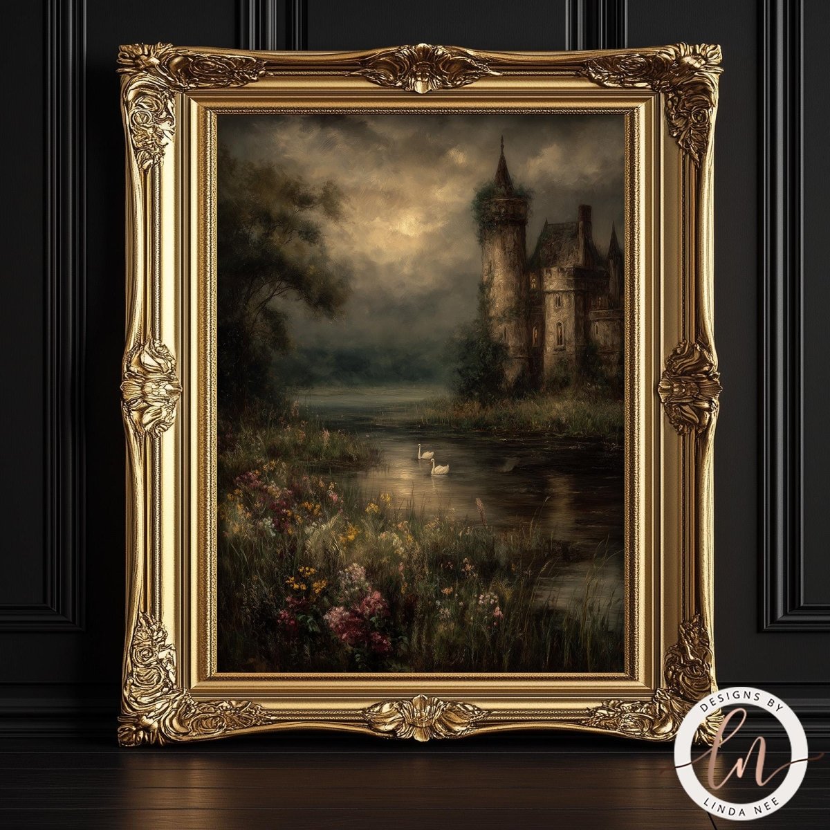 The image is a painting of a castle surrounded by a lush, verdant landscape with a lake and flowers in the foreground.