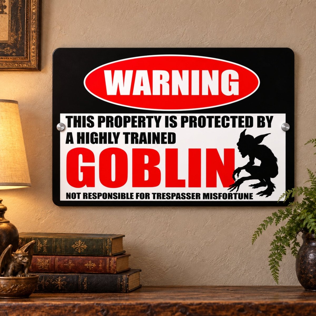 a sign that reads "WARNING: THIS PROPERTY IS PROTECTED BY A highly trained GOBLIN NOT RESPONSIBLE FOR TRESPASSER MISFORTUNE".