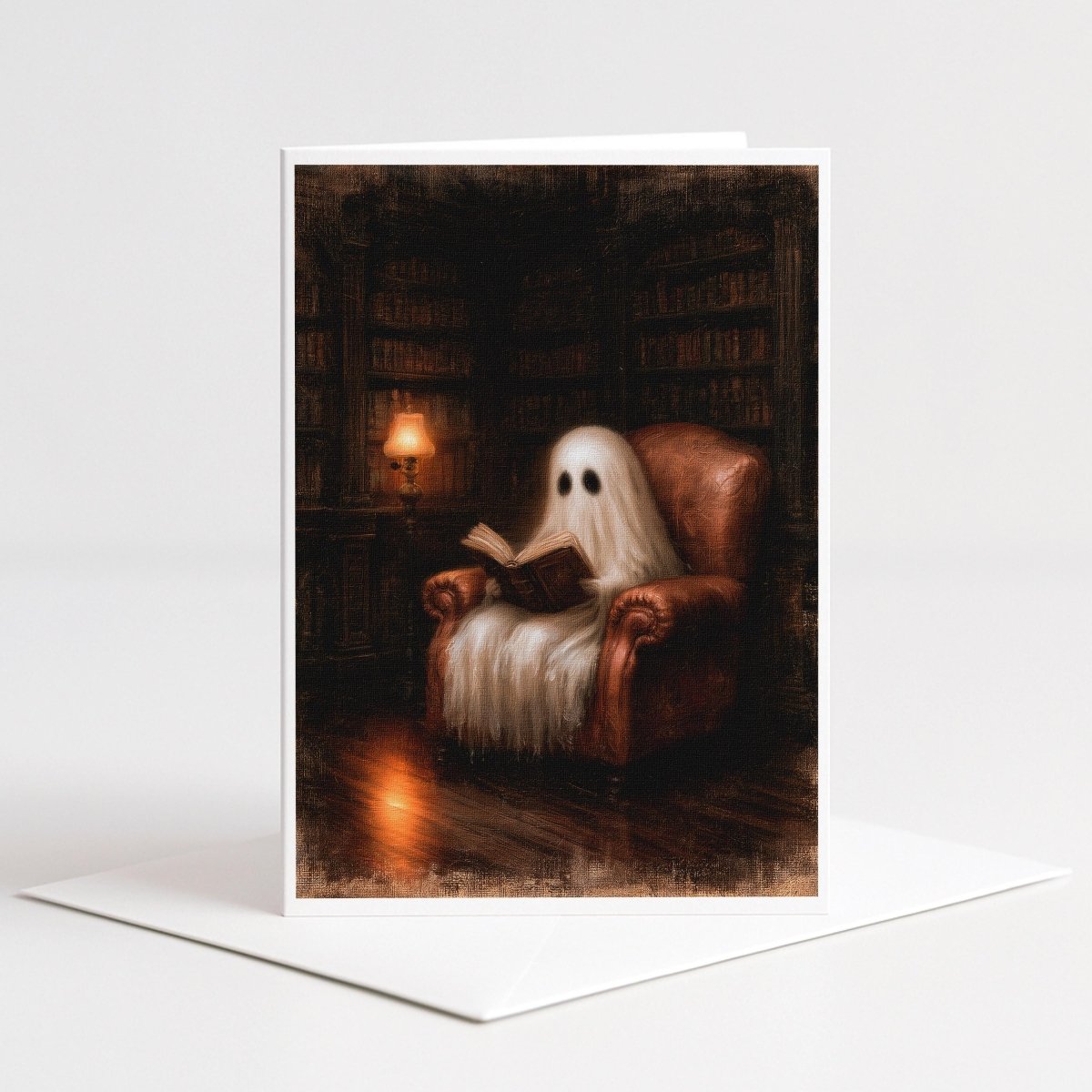 Haunted library Halloween note card art of a ghost reading in a leather armchair by lamplight