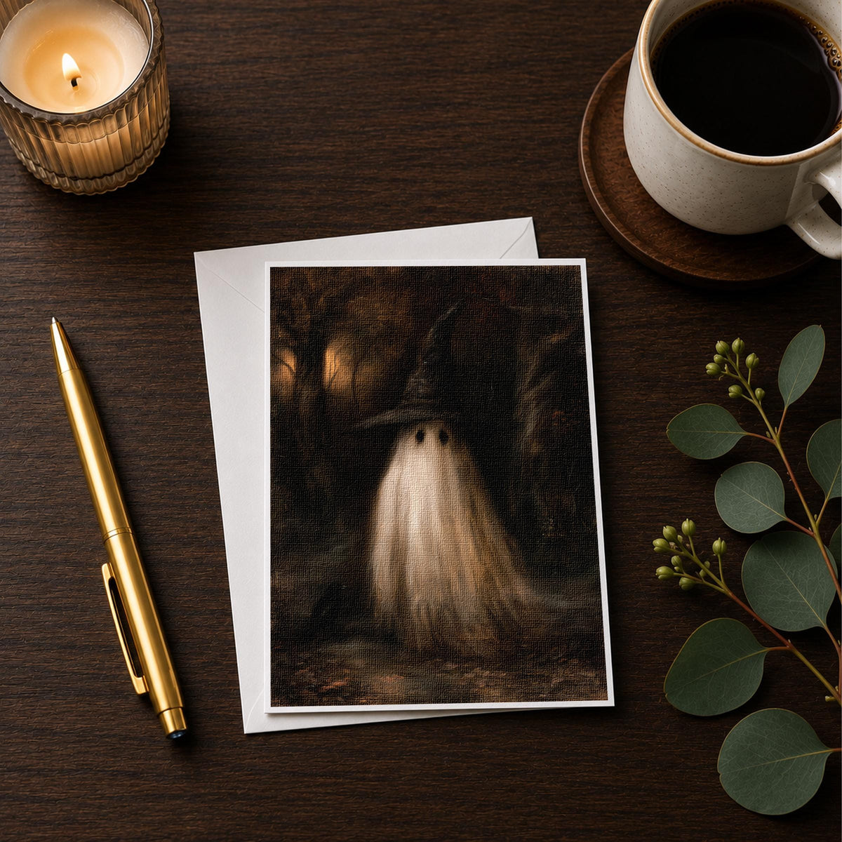 Witch hat ghost note card styled on a wooden desk with a candle, a pen and a coffee cup