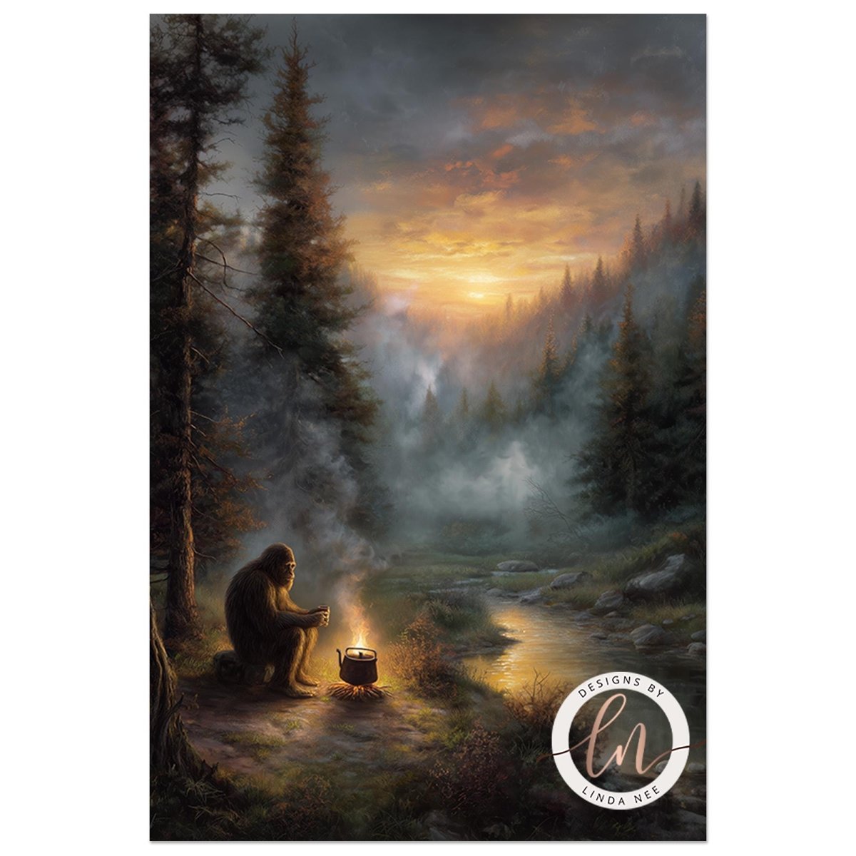 A person is sitting by a campfire in a forest, with a large pot on the ground next to them, as the sun sets behind the trees.