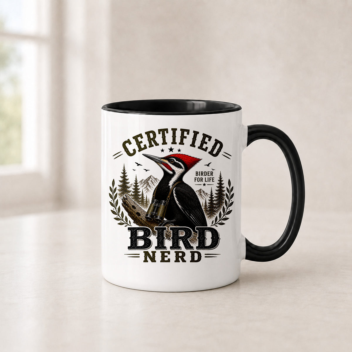 Certified Bird Nerd pileated woodpecker mug in the 11 oz black handle version with a black interior